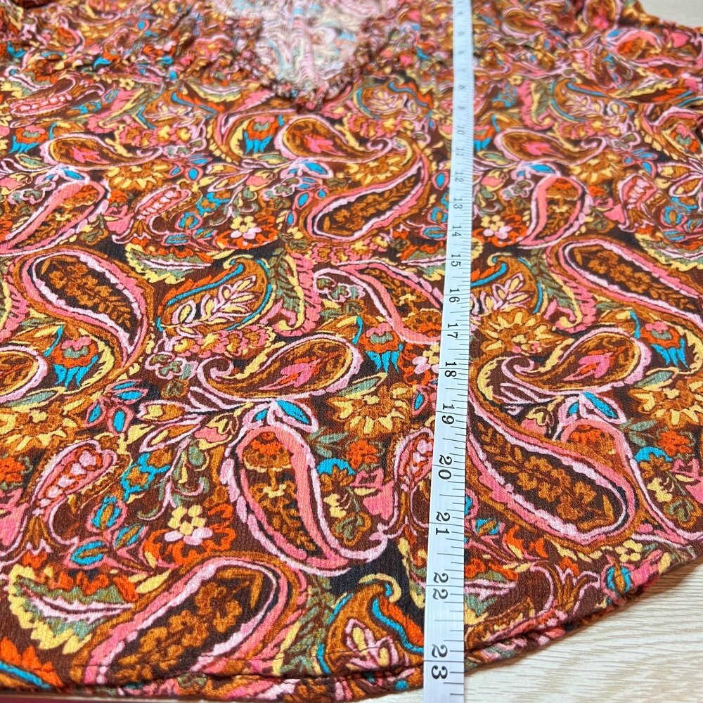 Democracy Peasant Blouse Women's L Brown Paisley V-Neck Bubble Half Sleeves - Picture 9 of 10